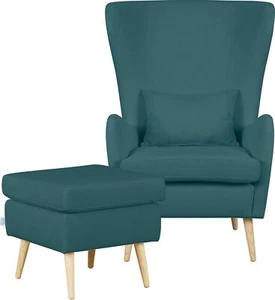 Sessel Salla mit Hocker Strukturstoff Petrolblau Polstersessel Polsterhocker - Bild 1 von 7