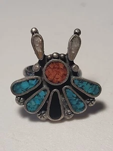 Vintage Navajo Ring Size 7 - Crushed Turquoise Coral Silver Content Possible SS - Picture 1 of 15