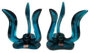 Vintage Viking Glass Candle Holders PAIR Epic Bluenique Blue 6 1/4" Tall LABELS - Picture 1 of 8