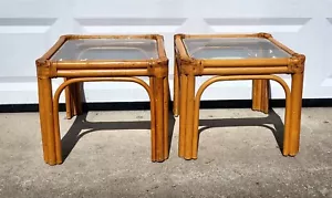 2 Vintage Coastal Rattan Bamboo Mid-Century Modern End Tables With Glas Top READ - Picture 1 of 10