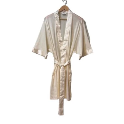 Hanro of Switzerland Womens Medium Tie Short House Robe Sapphire Satin Trim Flaw - Image 1 of 4