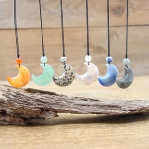 Unisex Healing Crystal Necklace Crescent Moon Pendant Stone Quartz Necklaces 1Pc - Picture 1 of 31