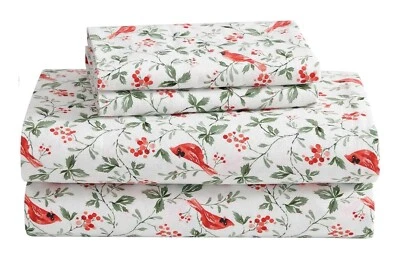 Laura Ashley King Sheet Set Jolly Cardinals Red 4pc Cottage Holiday 100% Cotton - Image 1 of 4