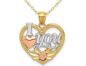 14K Yellow, White and Rose Gold - I Love You - Pendant Charm with Chaini - Picture 1 of 4