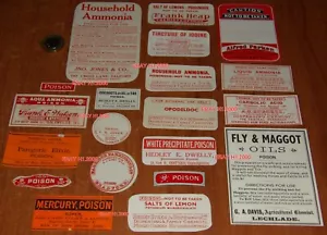 20 DIFFERENT UK & USA  ANTIQUE CHEMIST  RED PRINT POISON BOTTLE PRODUCT LABELS - Picture 1 of 1