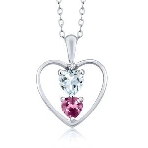 925 Sterling Silver Aquamarine Pink Tourmaline and Diamond Pendant Necklace For - Picture 1 of 3