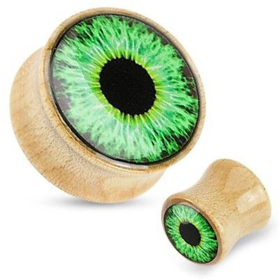 Organic Wood Saddle Plug with Green Eyeball Print Dome Top 0 gauge sold as pair — 第 1/1 张图片
