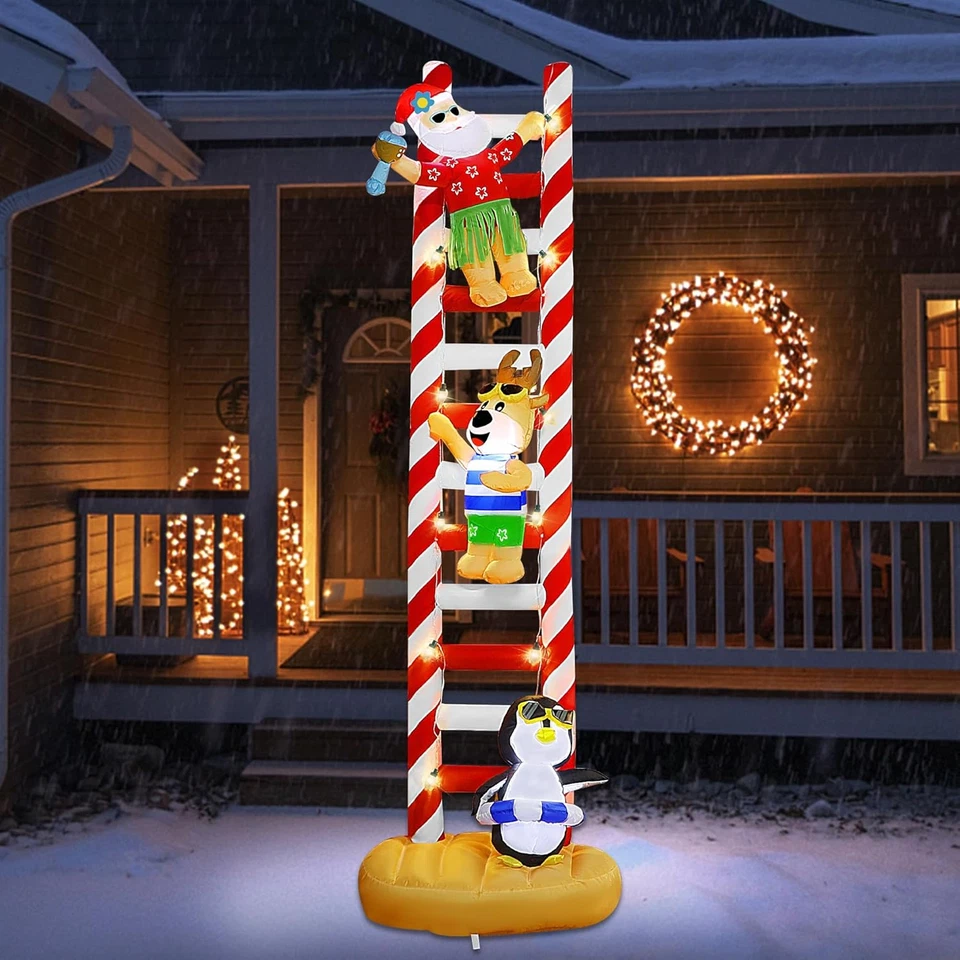 10FT Christmas Inflatable Decorations, Hawaii Beach Themed Giant Lighted Ladder  - Image 1 of 4