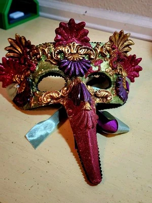 Katherine’s Collection Art Deco Mardi Gras Mask Glitter Red Purple Gold - Image 1 of 4