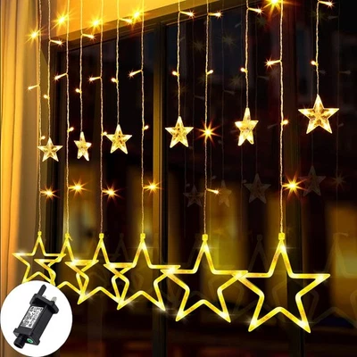 Christmas LED Curtain Star Lights Window String Fairy Waterproof Decor Xmas Gift - Image 1 of 4