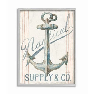 Boat Anchor Watercolor Wall Art 11x14 Grey Framed Nautical Ocean Design - Picture 1 of 7