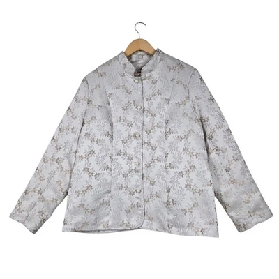 Chaqueta Coldwater Creek Brocado Talla 1X Marfil Marrón Floral Cuello Mandarín Elegante Foto 1 de 4