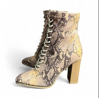 Forever 21 Women Size 5.5 Snakeskin Booties Lace-Up Ankle Heels - Image 1 of 4