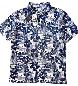 YATTA GOLF Polo Shirt (Men LARGE) INDIGO TROPICS Blue Floral Palm Leaves New Tag - Picture 1 of 3