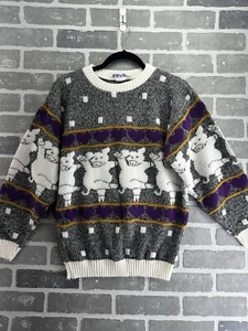 Suéter Rosa Mujer Gris Medio Pullover Tejido Cerdos Corazones Años 80 Retro - Imagen 1 de 9