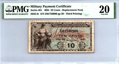 Series 481 10 Cents "REPLACEMENT" Note 3rd Printing PMG 20 VF S832-3r - Image 1 of 4