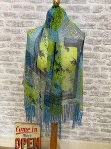 Chiffon Patra silk scarf fringed arty blue green paisley sheer oblong S285 - Picture 1 of 10