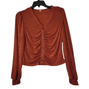 Crop top donna maglia aderente increspato davanti con bottoni marrone taglia media - Foto 1 di 12