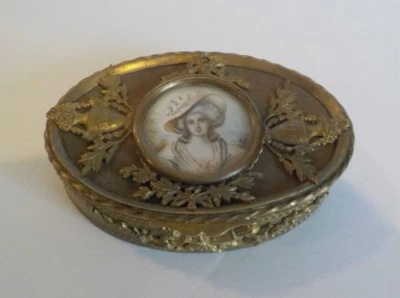 19th C. French Bronze Box, Watercolor Portrait Insert (#3) - Image 1 of 4