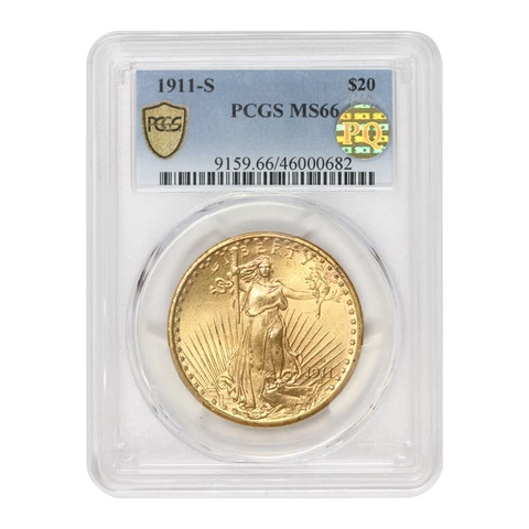1911-S Saint Gaudens PCGS MS66 gem graded $20 Gold Double Eagle coin PQ Approved Cover