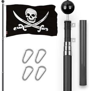 16 Ft Telescoping Flagpole Black & Pirate Jolly Roger Swords Flag 3x5 Ft Emb - Picture 1 of 9