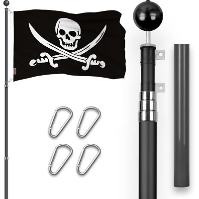16 Ft Telescoping Flagpole Black & Pirate Jolly Roger Swords Flag 3x5 Ft Emb - Image 1 of 4