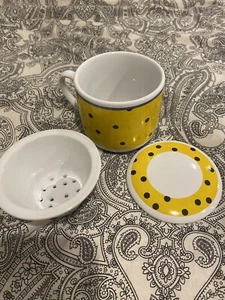 Teetasse Mit Sieb Und Deckel Gelb Schwarz Gepunktet Vollkeramik - Bild 1 von 3