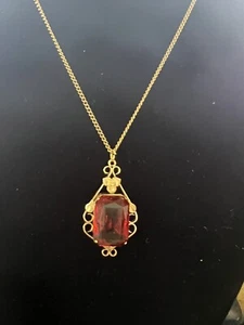 Antique 9ct Yellow Gold & Red Paste Pendant Fine & Cable Link Chain Jewellery - Picture 1 of 12