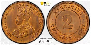 Mauritius, 1923 George V Two Cents, 2 Cents. PCGS MS 65 RB. 400,000 Mintage. - Picture 1 of 3