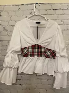 Petersyn Women's White Plaid Long Sleeve Blouse Cotton Size SZ L - Picture 1 of 11