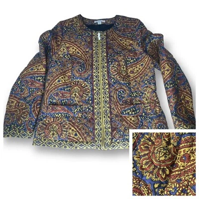 Новый без ЯРЛЫКОВ Isaac Mizrahi женская куртка размер 8 пейсли выстеганная молния пальто коричневый синий - Изображение 1 из 4