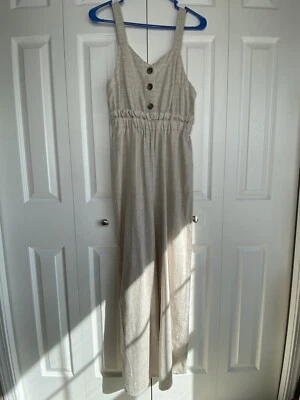 Romeo + Juliet Couture Pant Jumper Romper Set Linen Blend Beige White Stripe S - Image 1 of 4