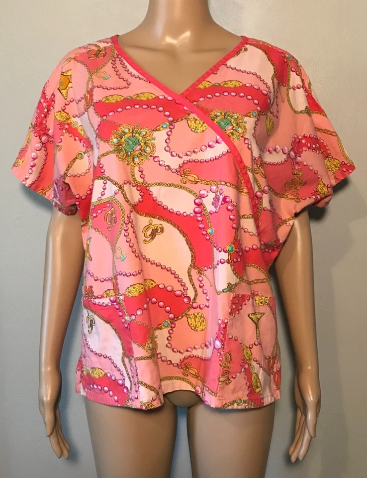Baby Phat Women's Scrub Top SizeXL Pink Pockets Pull-Over 100% Cotton Cap Sleeve - Image 1 of 4