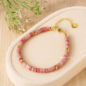 Rhodonite Bracelet Pink Tube Beaded Adjustable Gold-Plated Chain Women Jewelry - Picture 1 of 4