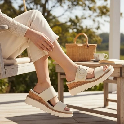 Nuevas sandalias MIA Orla talla 11 sin cordones con hebilla de cuña para mujer gruesas beige tostado Foto 1 de 4