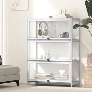Oikiture Display Cabinet Storage 3-Tier Shelves Clear Bookcase Stand Rack White - Picture 1 of 10