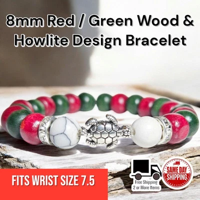 Pulsera pulsera con cuentas de 8 mm con dije de tortuga howlita de madera roja + verde talla 7,5 Foto 1 de 3