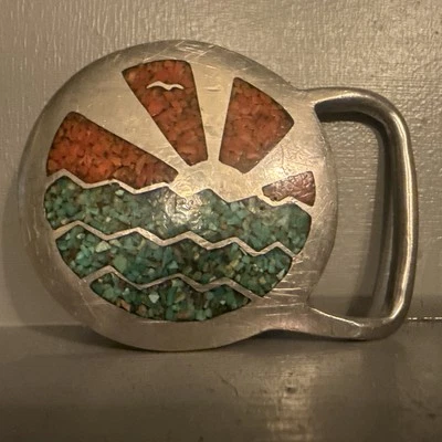 RJ Belt Buckle Turquoise Crushed Stone Inlay Pewter Fixed Loop Vintage - Image 1 of 2