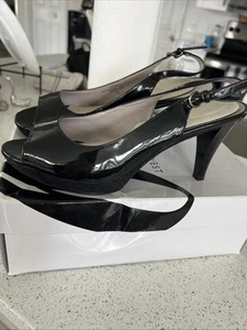 Nine West Patent Leather 8.5W, Sexy Sling Back, Prep Toe, Black Heals! Sweet! - Picture 1 of 19