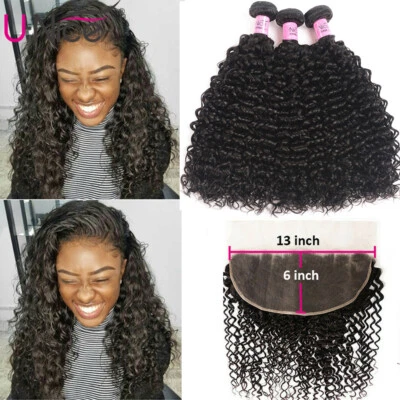 Cierre frontal de encaje rizado peruano 13x6 con 3 paquetes de extensiones de cabello humano EE. UU. Foto 1 de 4
