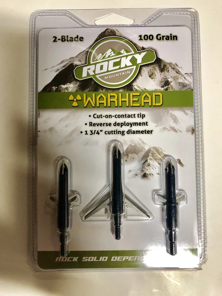 Rocky Mountain WarHead 2 hojas mecánico cabeza ancha 100 granos 1-3/4" corte paquete de 3 Foto 1 de 1