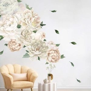 Large White Peony Flower Wall Decals Peel and Stick Floral Wall Decals - 8 Pc... - Picture 1 of 6