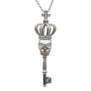 Skull Key Pendant Necklace Skull Crown with Cross Bail and White Cubic Zirconias - Picture 1 of 1