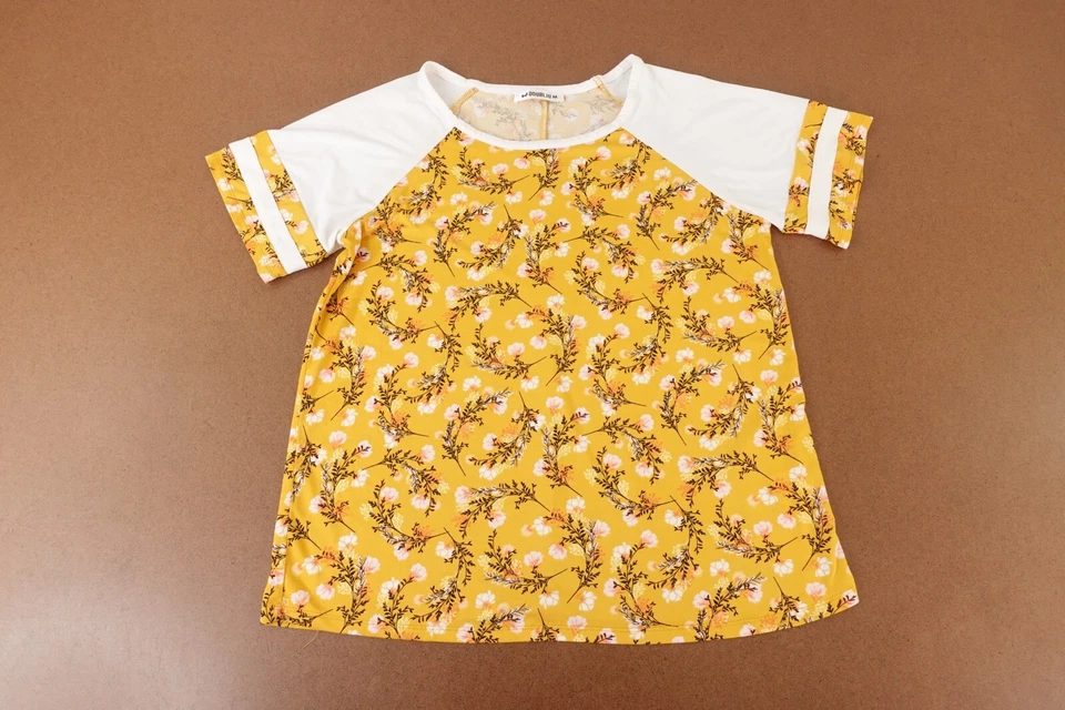 Doublju Women's Size Medium Mustard Flroal Print Short Sleeve Round Neck T-Shirt - Image 1 of 4