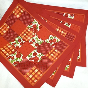 4er Set Tischsets rot orange Patchwork Blumen Tupfen Karo Stoff 19"x14 - Bild 1 von 10