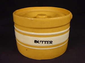 RARE BRUSH McCOY BUTTER CROCK with LID DANDY LINE WHITE BAND YELLOW WARE MINT - Picture 1 of 13