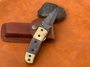 STRONG HAND FORGED DAMASCUS STEEL POCKET FOLDING KNIFE- BRASS ENGRAVED HANDLE - Picture 1 of 10