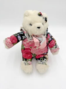 Vintage Floral White Teddy Bear 9" Plush Stuffed Animal Pink Lace Bow Circus - Picture 1 of 6