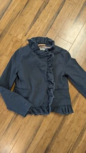 Crewcuts J.Crew  Navy Blue Ruffle Girls Jacket purple lining 12 EUC - Picture 1 of 3
