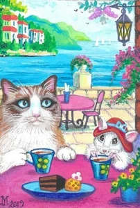 4X6 POSTKARTE RYTA VINTAGE STIL KUNST RAGDOLL KATZE URLAUB MEER MEERLANDSCHAFT TEETASSE - Bild 1 von 1